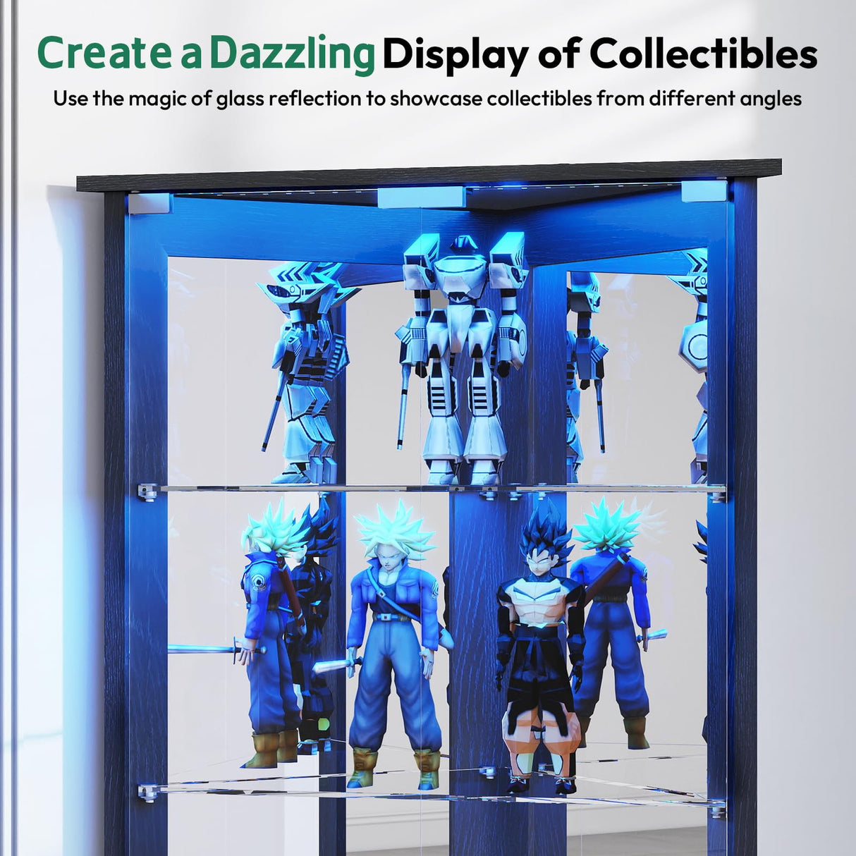 Lamtor 72" Corner Display Cabinet with Glass Doors, 6-Tier Showcase Curio Cabinet for Collectibles with Dynamic LED Lights, Modern Display Case for Living Room, Black Lamtor