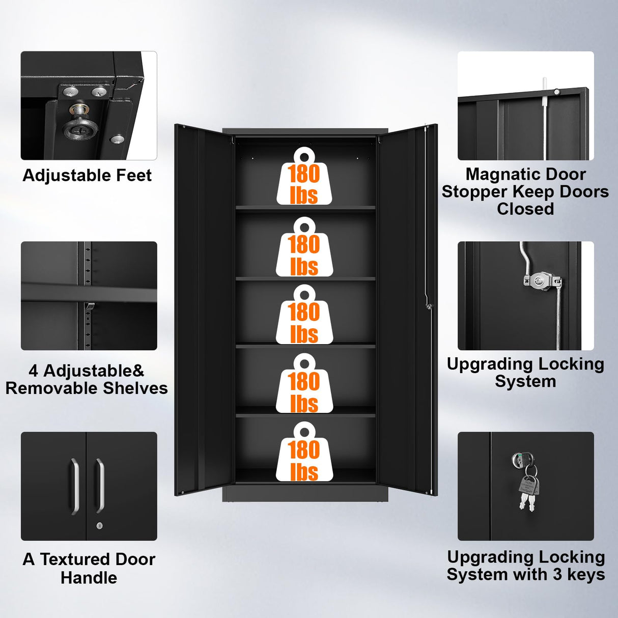 UNICOLY Black Metal Storage Cabinet with Lock, Storage Cabinet with Doors and Shelves, Garage Storage Cabinet with Lock for Office, Home,Garage, Gym,School 71”H×32”W×16”D UNICOLY