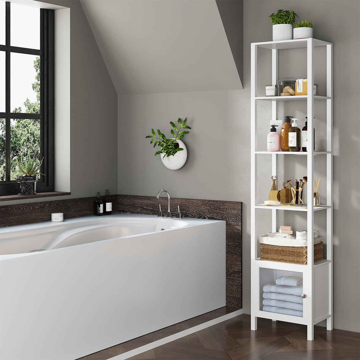 TUTOTAK 6 Tier Bookcase and Bookshelf, Narrow Book Shelf with Door for Small Space, for Living Room, Office, Study, Entryway, White BS03BW006 TUTOTAK