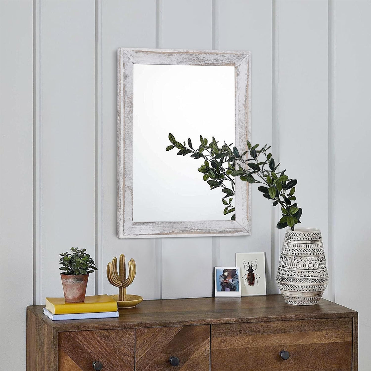 AAZZKANG Mirrors for Wall Rustic Wood Framed Mirror Decorative Farmhouse Bedroom Bathroom Hanging Mirror Wall Decor Rectangle White AAZZKANG