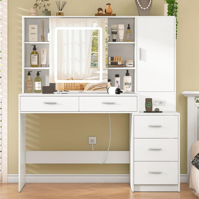 Quimoo 47" Vanity Desk with Sliding Lighted Mirror and Power Outlet, Makeup Vanity Desk with 5 Drawers and Cabinet, Hidden and Open Shelves, Vanity Table Set with 3 Color Lighting (White)