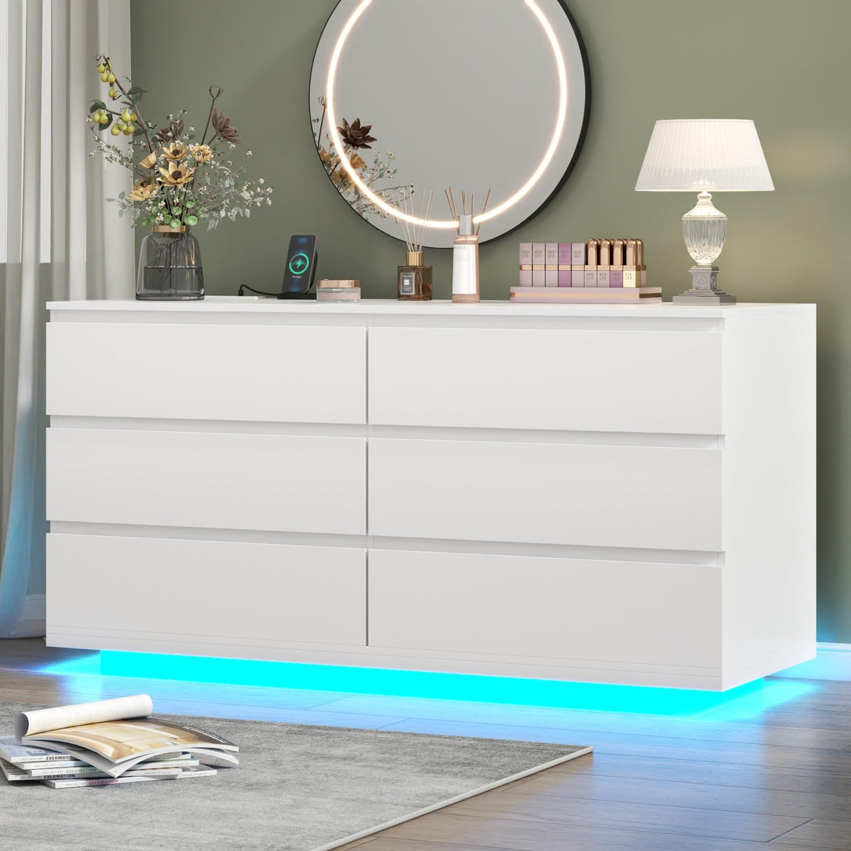 Gyfimoie 6 Drawer Dresser with Power Outlet, Floating White Dresser Chest of Drawer with LED Light,Modern Double Wide Drawer Organizer Cabinet for Bedroom,Living Room (White) Gyfimoie
