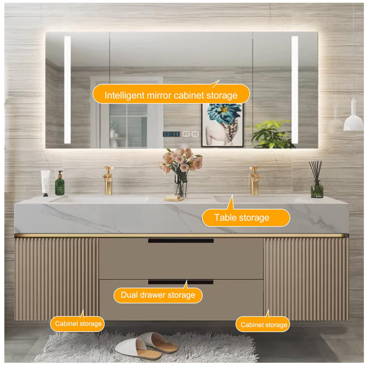 Genpai Floating Bathroom Vanity - 72IN Bathroom Vanity with Sink Business, Double Sink | LED Lights & One-Touch Defogging, Easy Installation, 2 Drawers Genpai