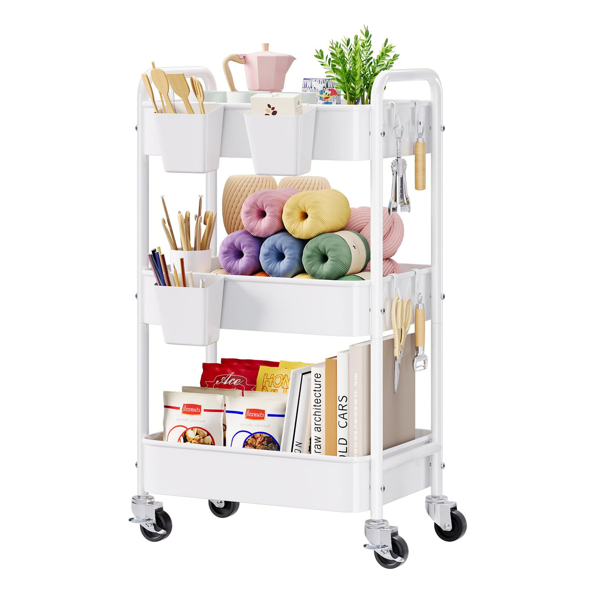 3 Tier Rolling Cart Metal with Wheels, White Three Tiered Craft Cart Organizer on Wheels, Storage Utility Carts for Art, Baby Nursery,Diaper Caddy, Cleaning Supplies, Nail,Lash,Snack,Book,Roller Shelf Aofure