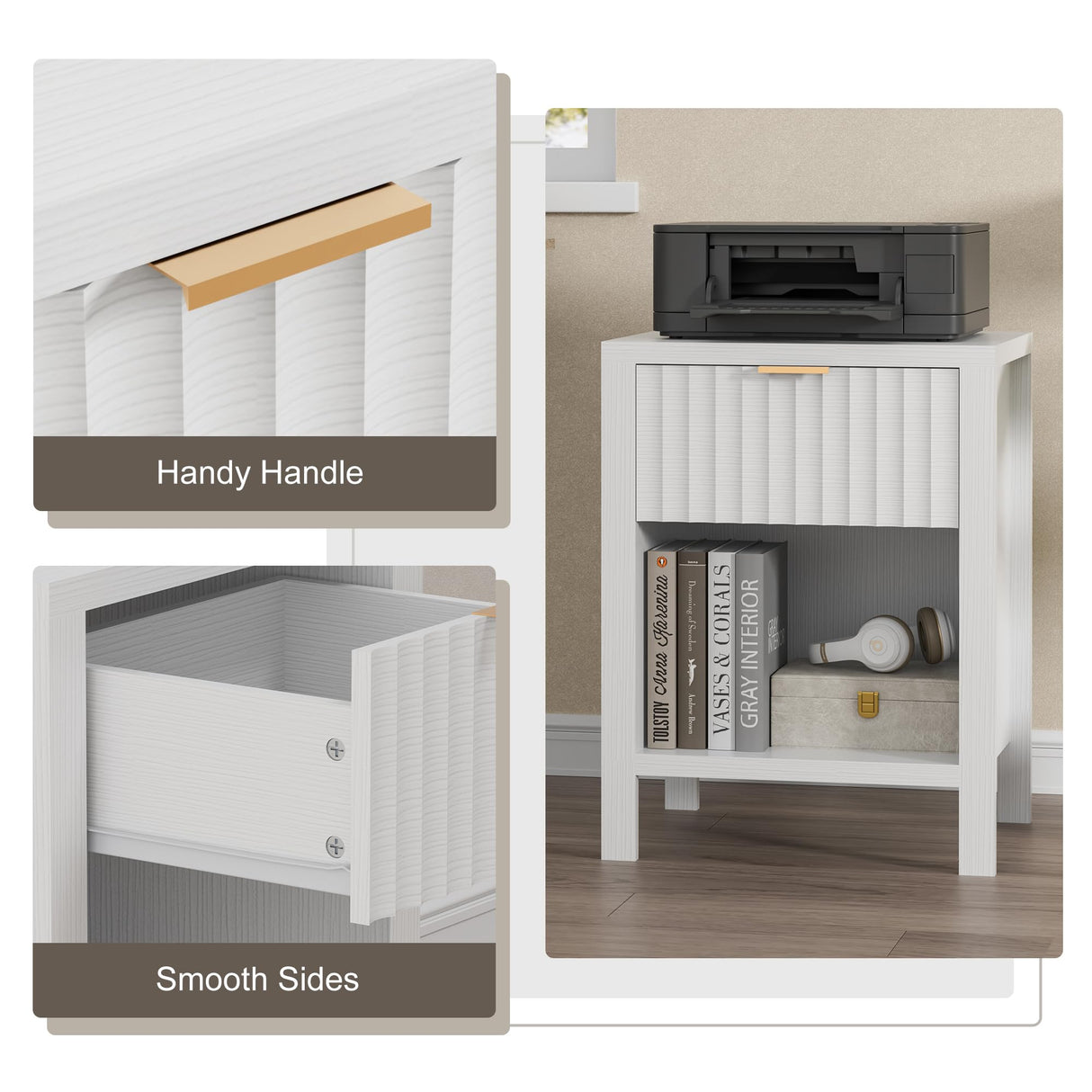 Anbuy White Nightstands Set of 2,Fluted Nightstands with Metal Handle,Wooden End Side Table White Bedside Table for Bedroom,Living Room Anbuy