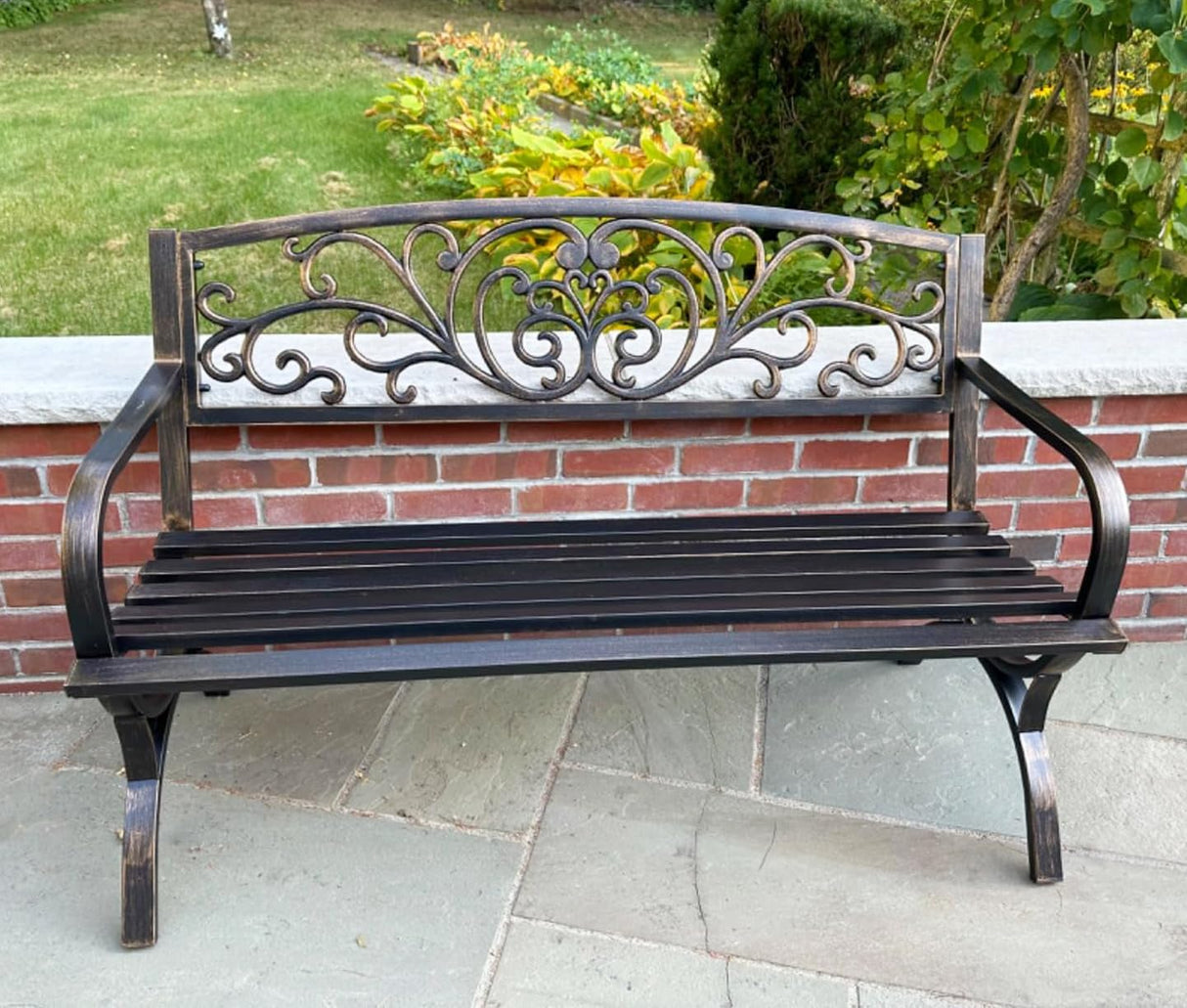 PHI VILLA 50Inch Cast Iron Steel Frame Garden Bench Patio Furniture Chair Outdoor Bench w/Floral Design Backrest, Slatted Seat for Park, Yard & Porch, Bronze PHI VILLA