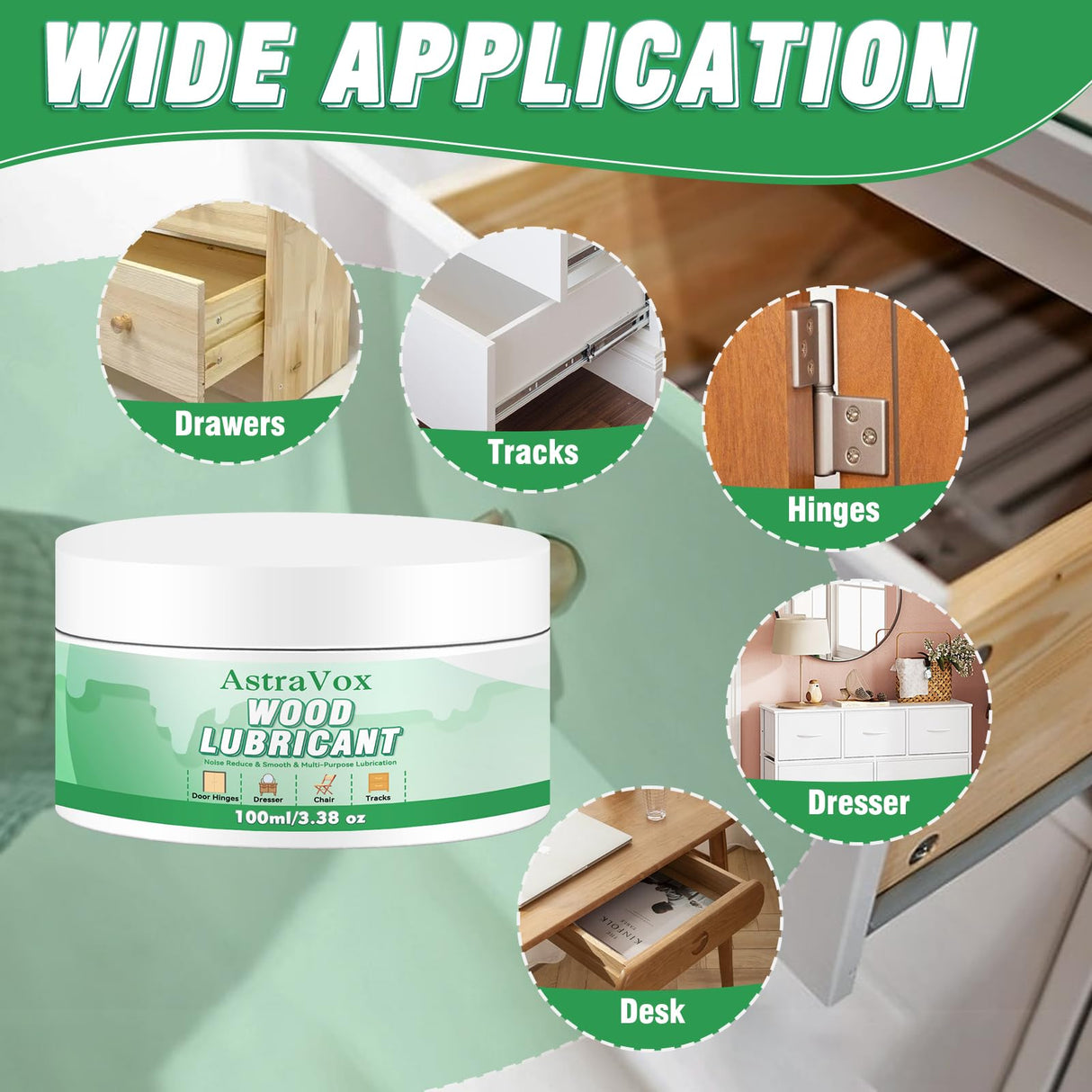 AstraVox Wood Lubricant Wax for Furniture, Multi-Purpose Sliding Door Hinge Lubricant Grease to Lubricate and Reduce Noise, Paste Wax for Wood Drawer, Floor, Dresser, Cabinet, Guitar(3.38 Oz) AstraVox
