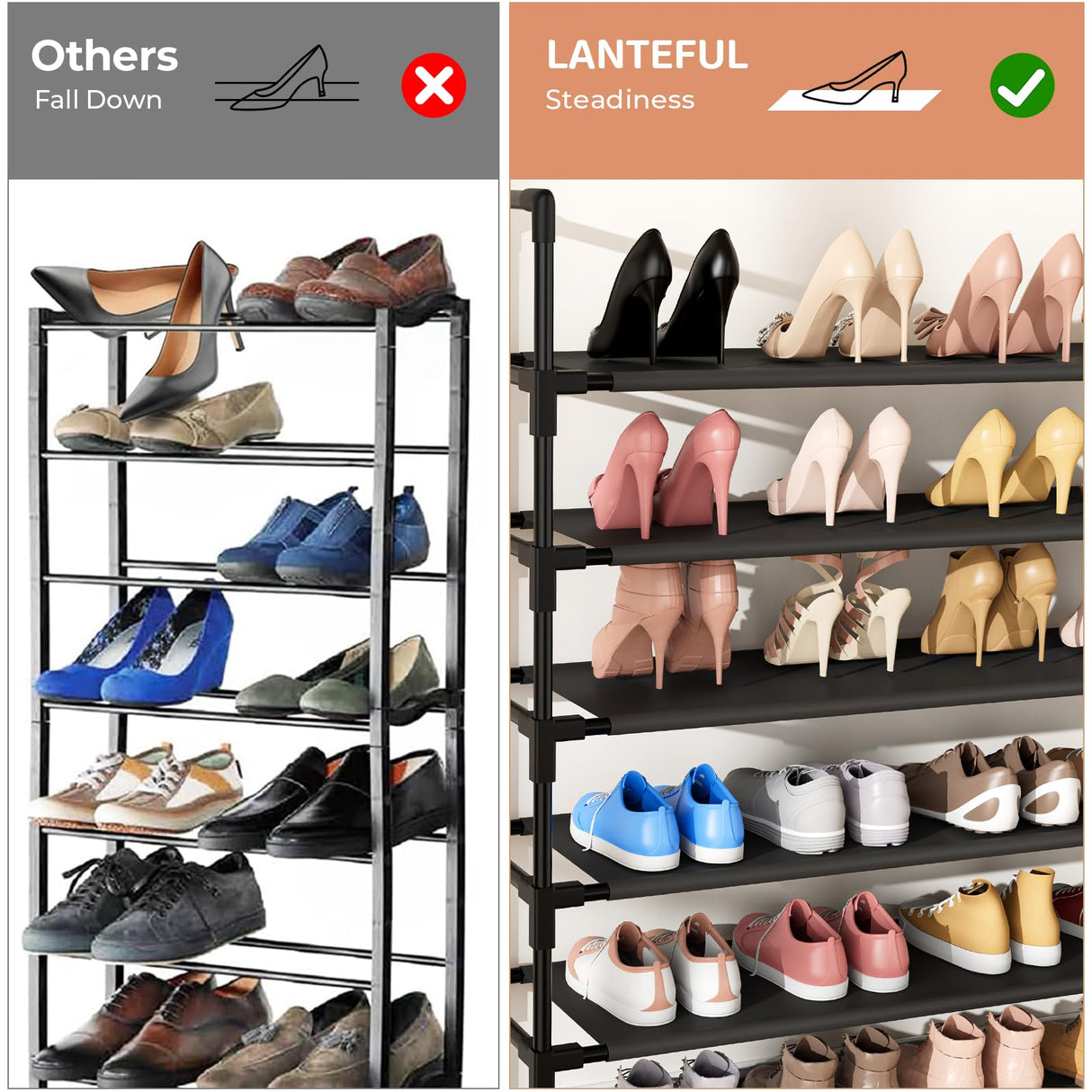 LANTEFUL 11 Tiers Tall Shoe Rack Holds 55 Pairs of Shoes with 18pcs Hooks Sturdy Wide Shoe Organizer Storage Free Standing Metal Shoe Shelf for Closet, Entryway Black LANTEFUL