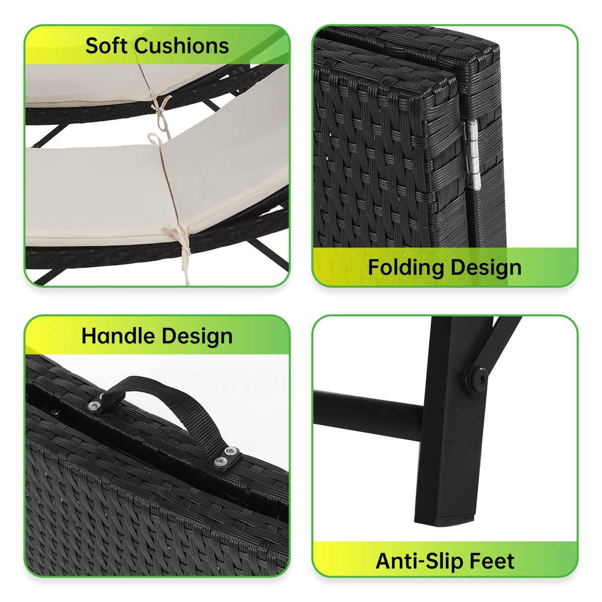 PayLessHere Patio Chaise Lounge Set of 3 Adjustable Back Outdoor Lounge Chair Folding Wicker Recliner Chair 2 Pieces Outside Chairs with Folding Table and Khaki Cushioned for Poolside Deck Lawn Beach PayLessHere