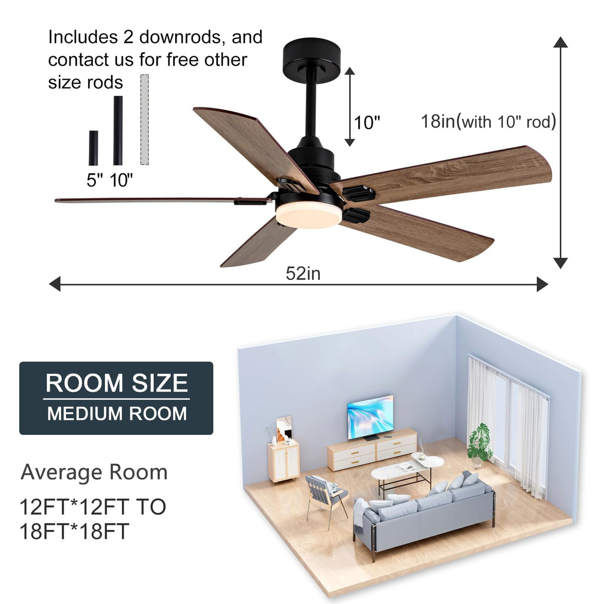 BOOMJOY Ceiling Fans with Lights,52 Inch Ceiling Fan with Remote,Modern Ceiling Fan for Bedroom Living Room, Black Ceiling Fan with Light for Outdoor Indoor and 5 Blades Quiet Reversible DC BOOMJOY