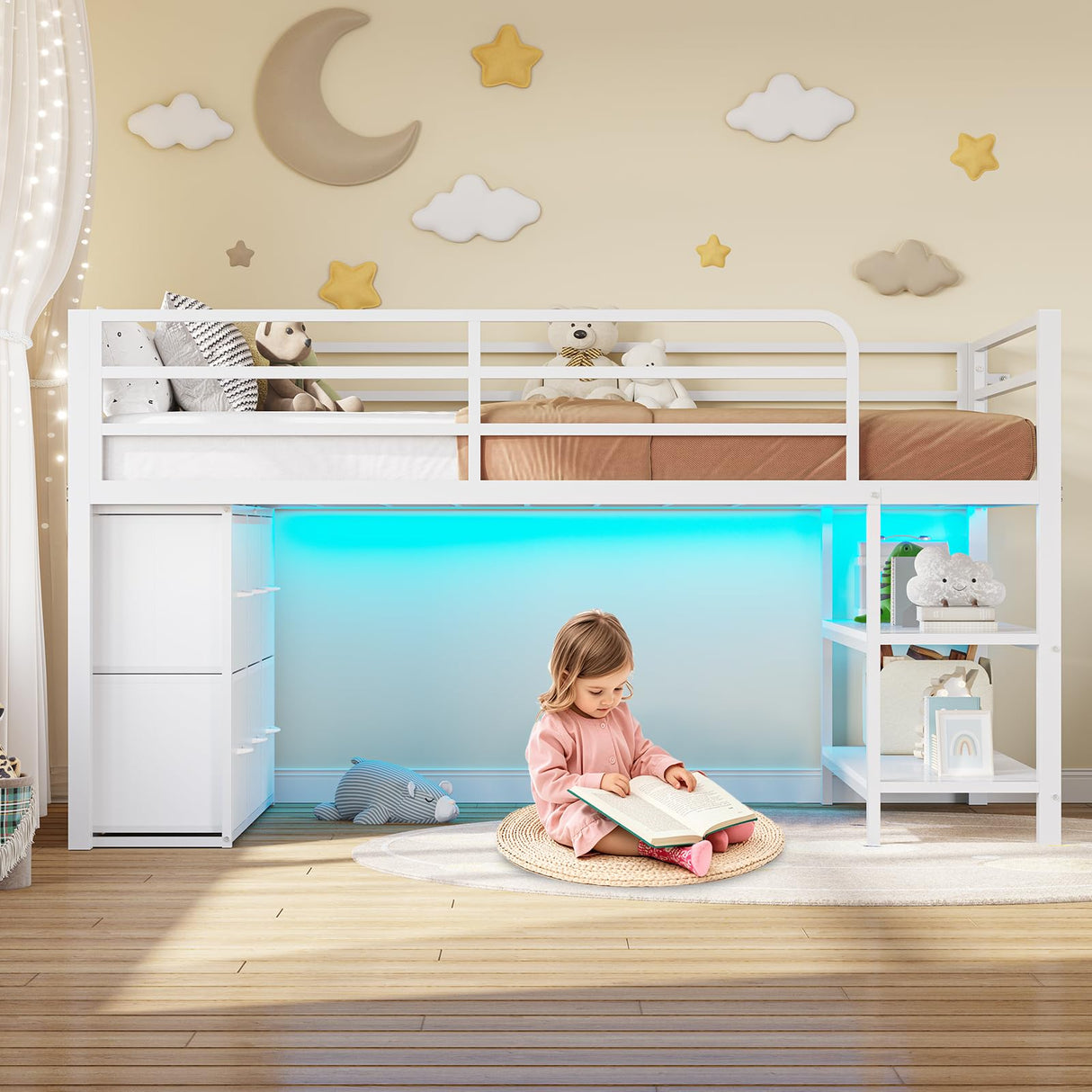 BTHFST Twin Size Low Loft Bed with 6 Fabric Storage Drawers, Metal Loft Bed Twin with LED Lights & Open Storage Shelves, 15" H Safety & Guardrail Stairs Loft Bed for Kids, White BTHFST