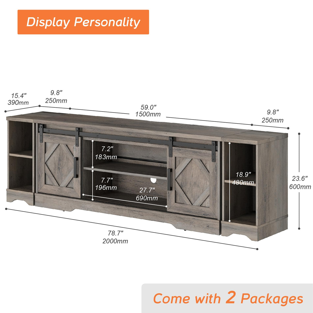 WAMPAT Modern Farmhouse TV Stand for up to 85" TVs Wood Entertainment Center with Open Storage for Living Room,Rustic Grey WAMPAT
