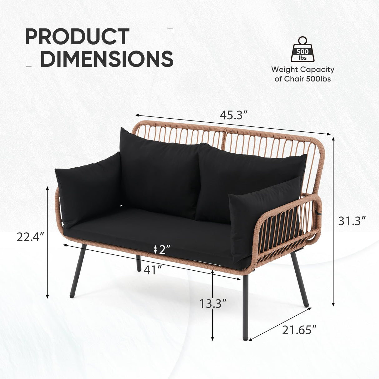 Verano Garden Patio Loveseat, Outdoor Balcony Furniture, Wicker Patio Set with Cushions & Pillows, Patio Furniture Couch for Porch, Backyard, Deck, Poolside (Black) Verano Garden