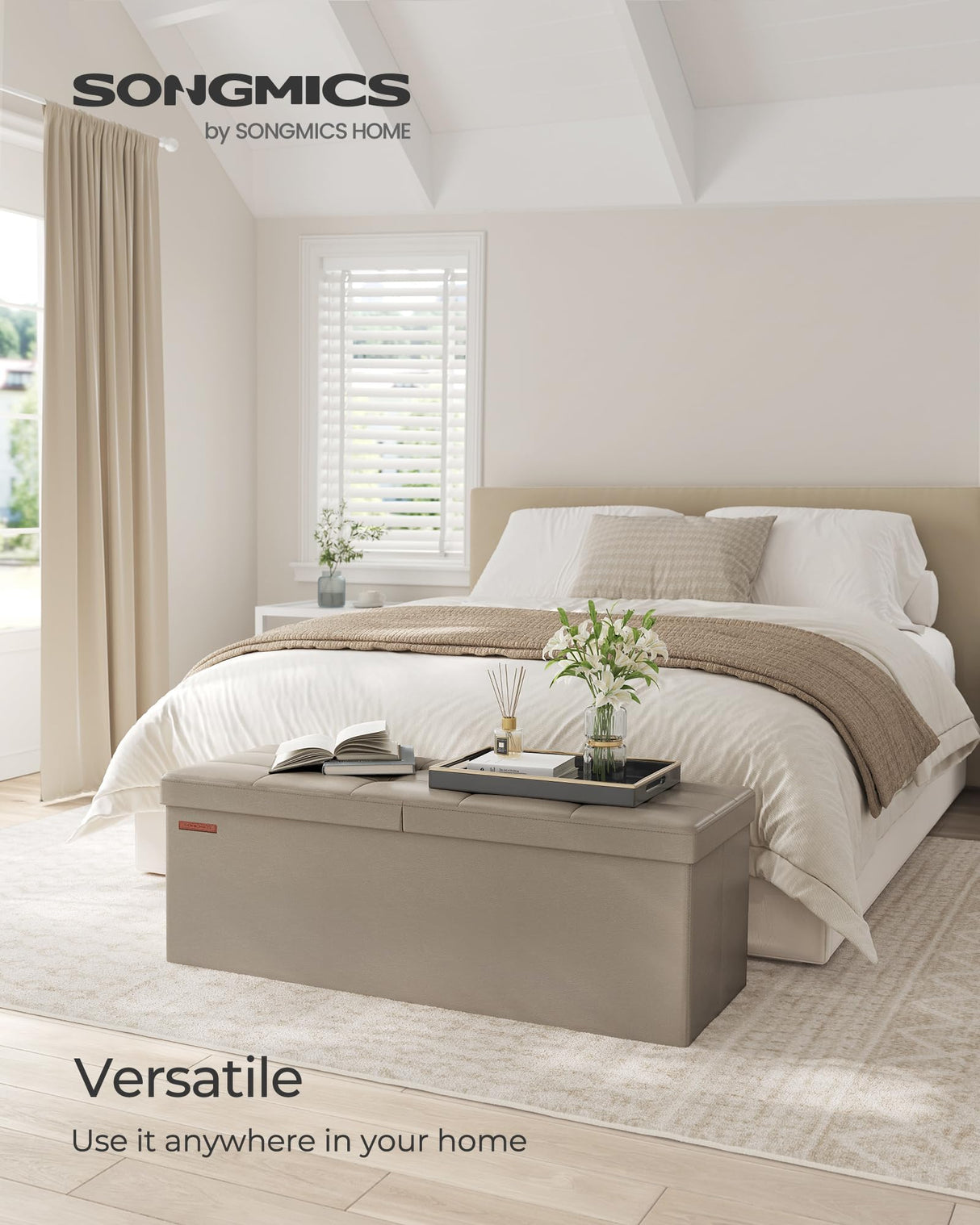 SONGMICS MAZIE Collection - 43 Inches Storage Ottoman Bench with Flipping Lid, Storage Chest with Iron Frame Support, Load 660 lb, for Living Room, Bedroom, Synthetic Leather, Camel Brown ULSF075K03 SONGMICS