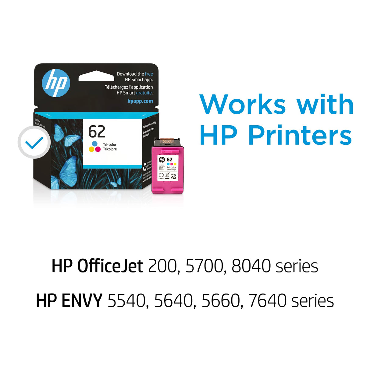 HP 62 Tri-color Ink Cartridge | Works with HP ENVY 5540, 5640, 5660, 7640 Series, HP OfficeJet 5740, 8040 Series, HP OfficeJet Mobile 200, 250 Series | Eligible for Instant Ink | C2P06AN HP