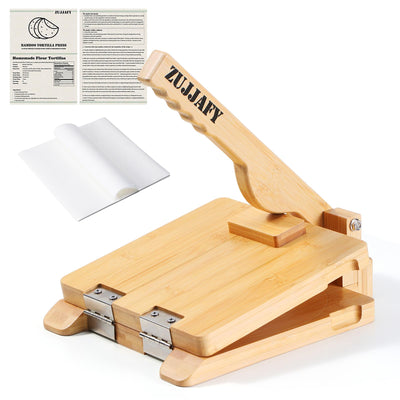 ZUJJAFY Tortilla Press 8 Inch Bamboo Tortilla Maker with 50pcs Parchment Paper, Mexican Tortillera Presser Homemade Tortillas Pataconera Dough Press, Square