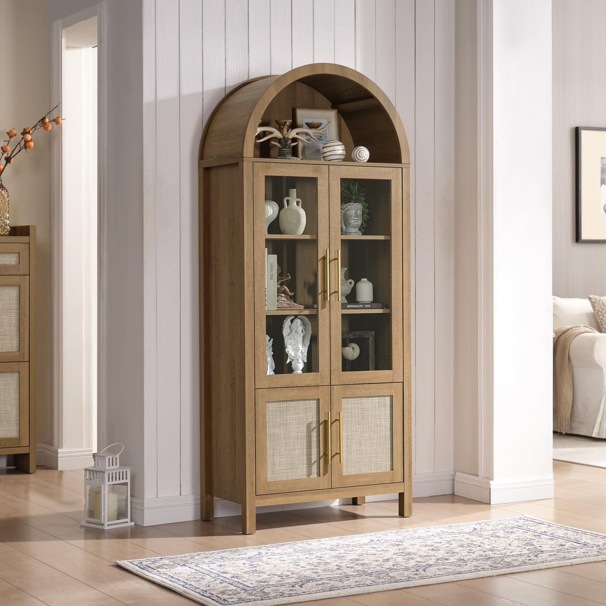 71" Tall Arched Display Cabinet, 5-Tier Bookshelf Modern Farmhouse Arched Bookcase with Glass Doors and Shelves, Wooden Pantry Storage Cabinet for Living Room, Office and Kitchen, Caramel Oak WINWY