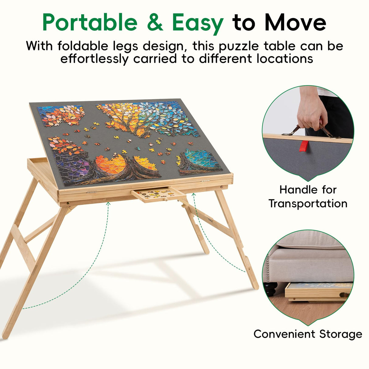 TEAKMAMA Puzzle Table 27.6" Tall 1500 Piece Puzzle Board with Drawers, 34.2" x 26.3" Adjustable 5-Tilting-Angle Jigsaw Table with Legs, Jigsaw Board for Adults, Nature TEAKMAMA