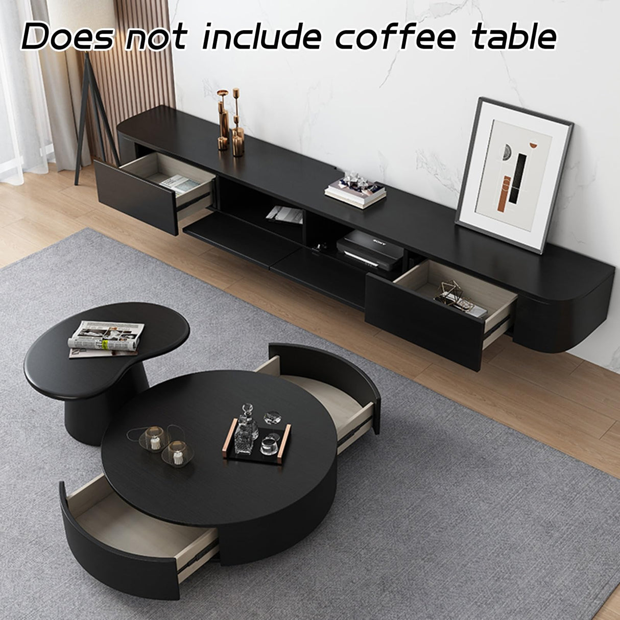 HZAPFUE Floating TV Stand - Wall Mounted Media Console with 2 Drawer, Floating Entertainment Center TV Cabinet, Wall Mounted Audio/Video Shelf for Home Room (Black, 86.61x7.87x9.45IN) HZAPFUE