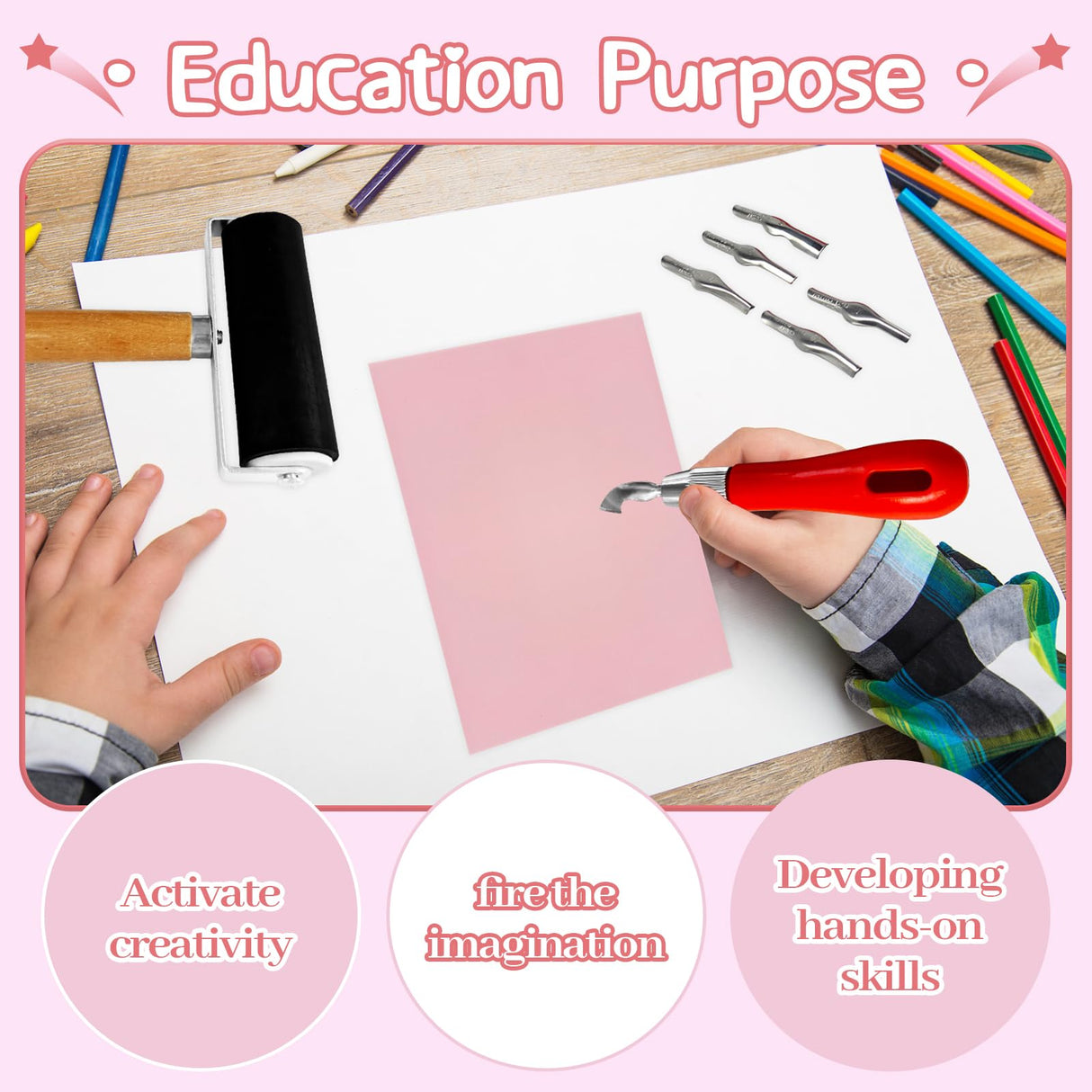 4 Pack Rubber Block Stamp Carving Blocks,Rubber Carving Linoleum Blocks with Cutter Tools,Rubber Brayer Roller for Stamp Maker,Printmaking and More Crafts Xeehwb