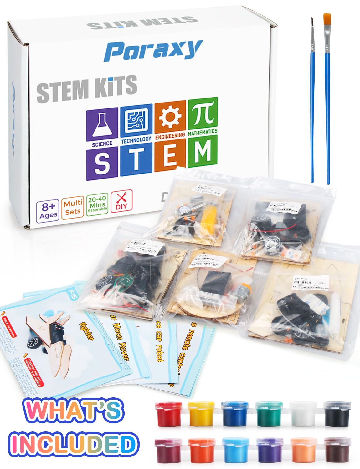 Poraxy 5 in 1 STEM Model Car Kits, STEM Projects for Kids, Boys Toys Age 8-10, 3D Wooden Puzzles, Crafts Educational Science Building Kit, Birthday Gifts for 8 9 10 11 12 Year Old Boys and Girls Poraxy