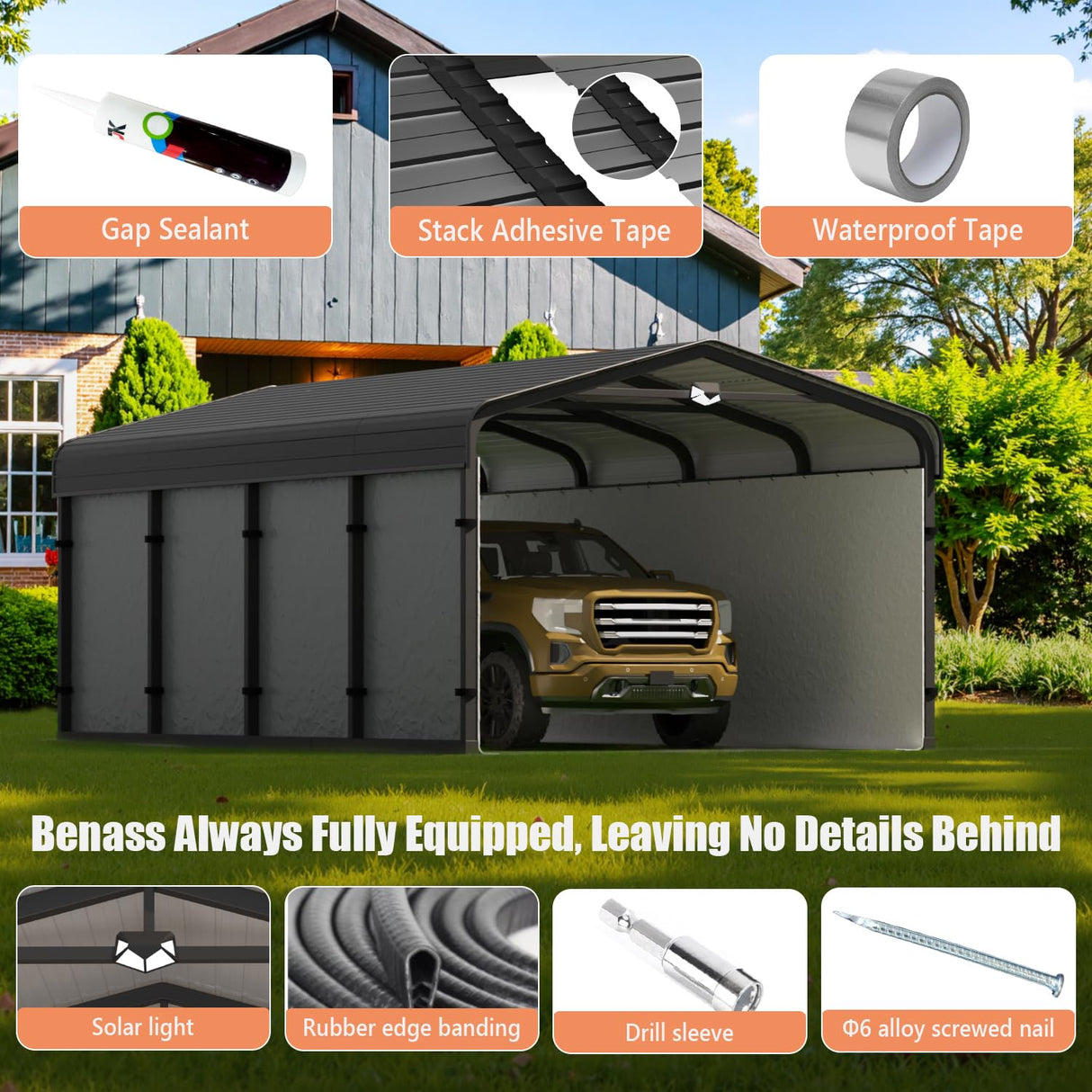 Benass 12x20 Metal Carport, Carport Canopy 12x20 Heavy Duty, Galvanized Steel Roof Car Port with Removable Polyethylene Sidewalls Benass