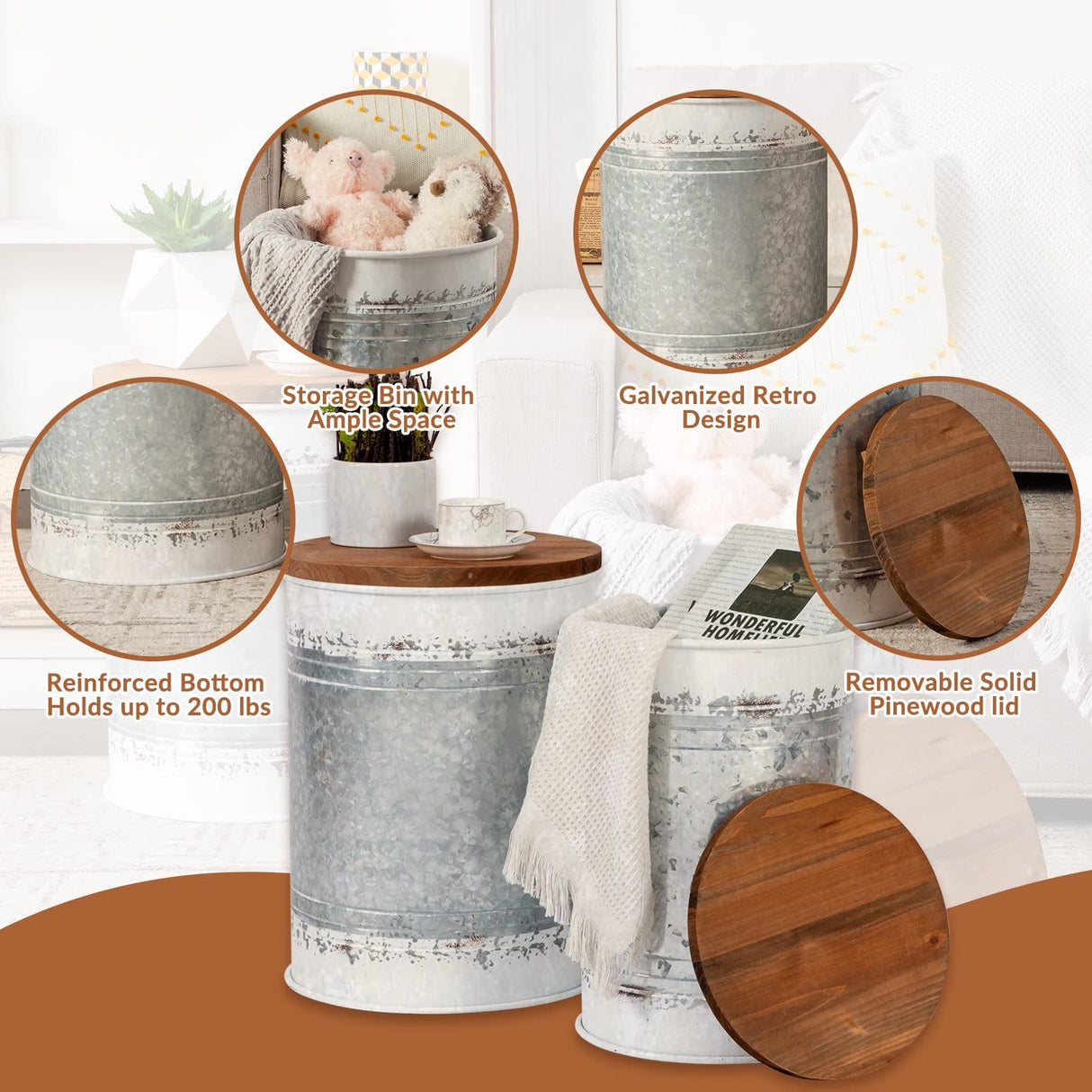 Poofzy Farmhouse End Tables Set of 2, Galvanized Metal Decor Side Table with Wood Lid, Coffee Table Storage Stool for Living Room (White) Poofzy