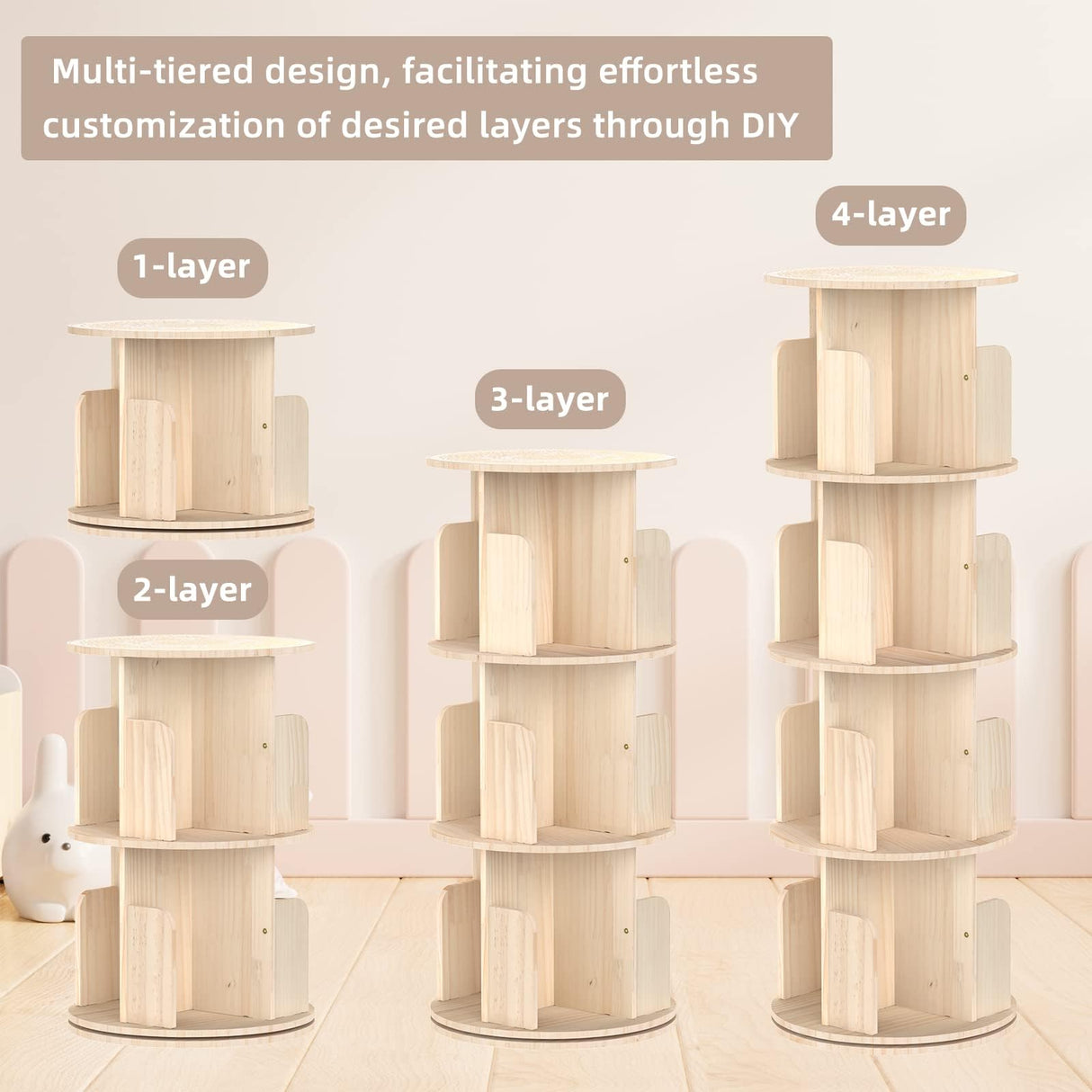 Cuguords 360 Display Rotating Bookshelf Tower, Spinning Bookshelf, 4 Tier Revolving Bookcase for Kids&Adults, Rotating Bookcase for Bedroom, Living Room,Solid Wood Bookshelf Organizer for Small Space Cuguords