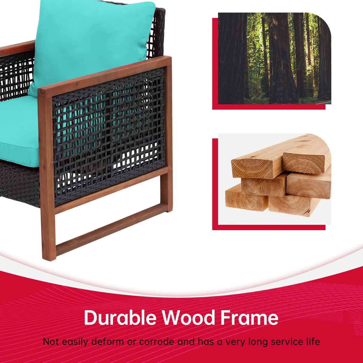 FDW 3-Piece Patio Bistro Set Acacia Wood Outdoor Chat Conversation Table Chair Set Outdoor Wood Chat Set with Water Resistant Cushions and Coffee Table for Beach Backyard Garden,Blue Cushion FDW