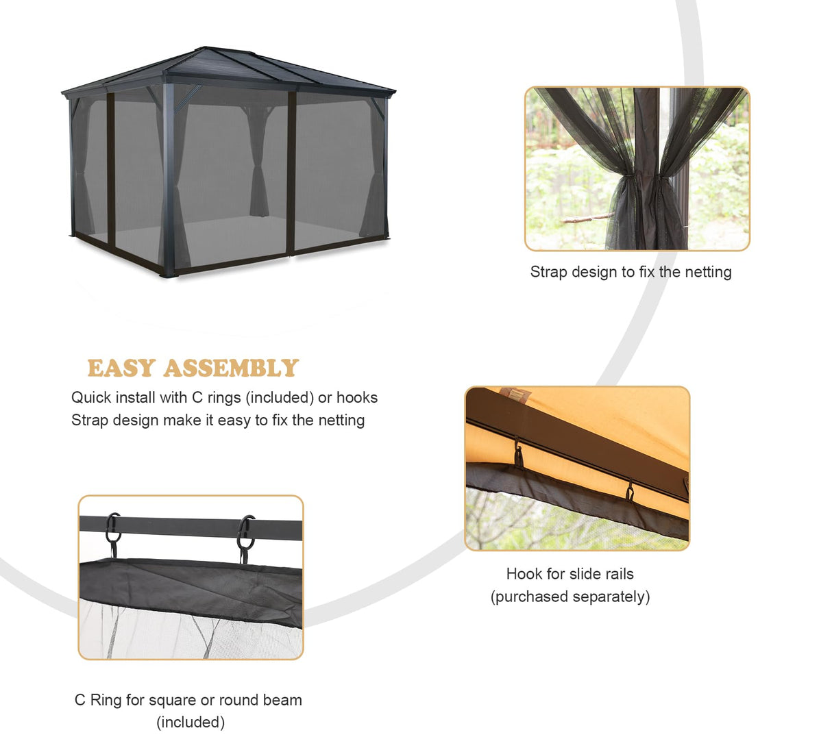 Coverify Replacement Gazebo Mosquito Netting 10x10FT, Universal Outdoor Pergola 4-Panel Patio Screen Walls with Zipper (Mosquito Netting ONLY, Black) Coverify