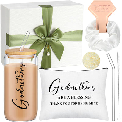 Skylety Godmother Proposal Gifts Set 16 oz Coffee Glass Godmother Cosmetic Bag White Hair Scrunchies,Gift Box, Christmas Gifts for Godmother, Christmas Wedding Holiday Appreciated Gift