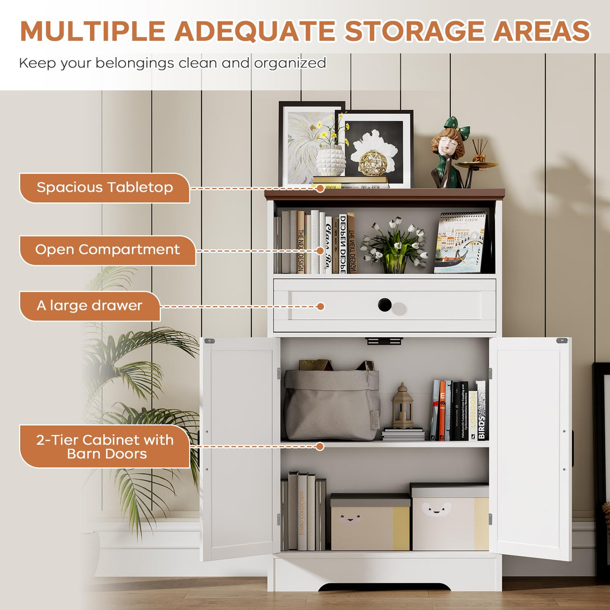 Viroformo White Floor Cabinet, Farmhouse Storage Cabinet with Barn Doors and Drawer, Freestanding Adjustable Shelf Cabinets for Bathroom, Kitchen, Living Room Viroformo