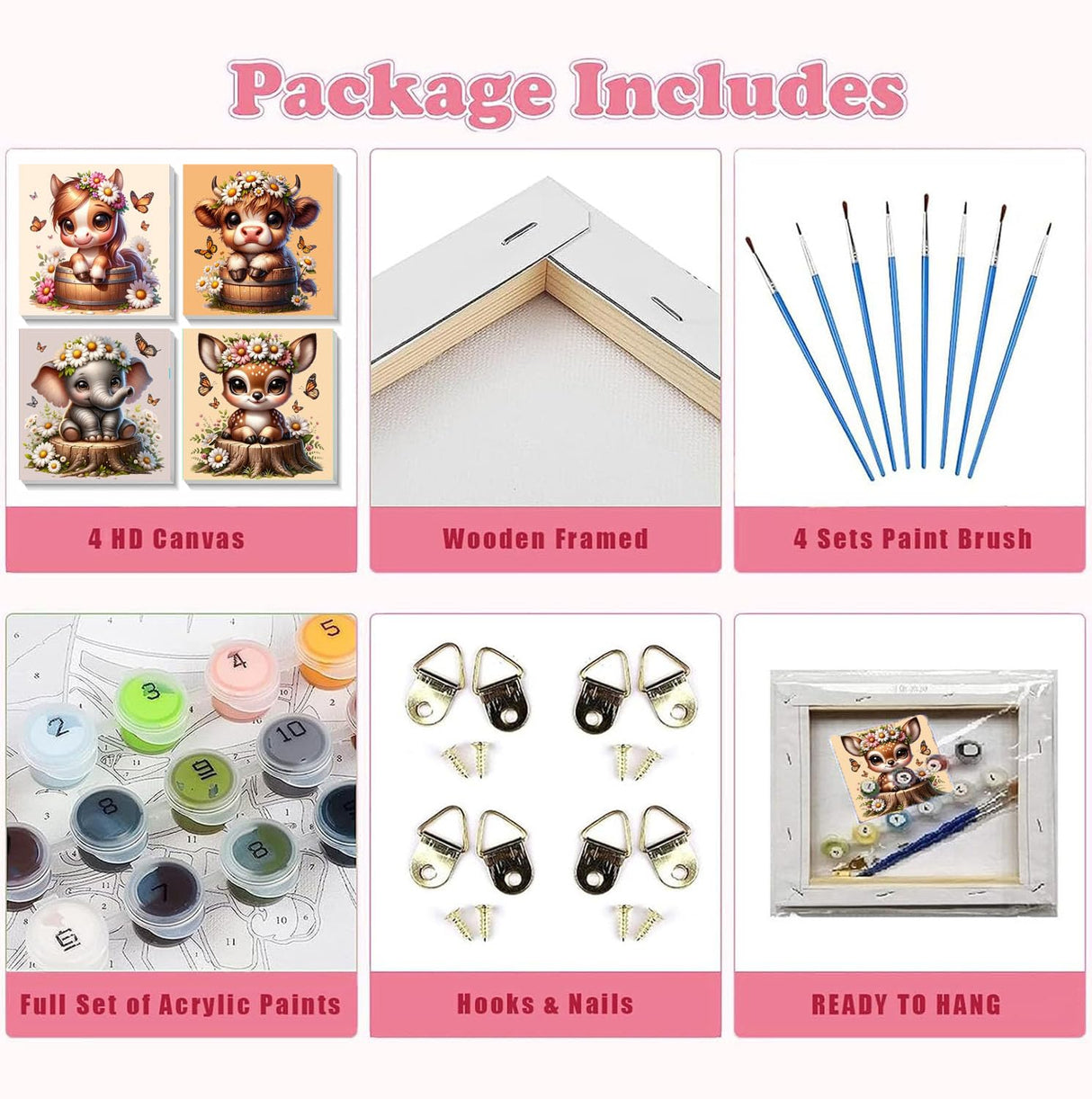 YarnWhimsy 4 Pack Paint by Numbers Kit for Kids with Frame- Animals Paint by Numbers for Kids Ages 4 8 12, Easy Elephants Horses Cows Deer DIY Acrylic Oil Painting Kits for Home Wall Decor(8X8inch) YarnWhimsy