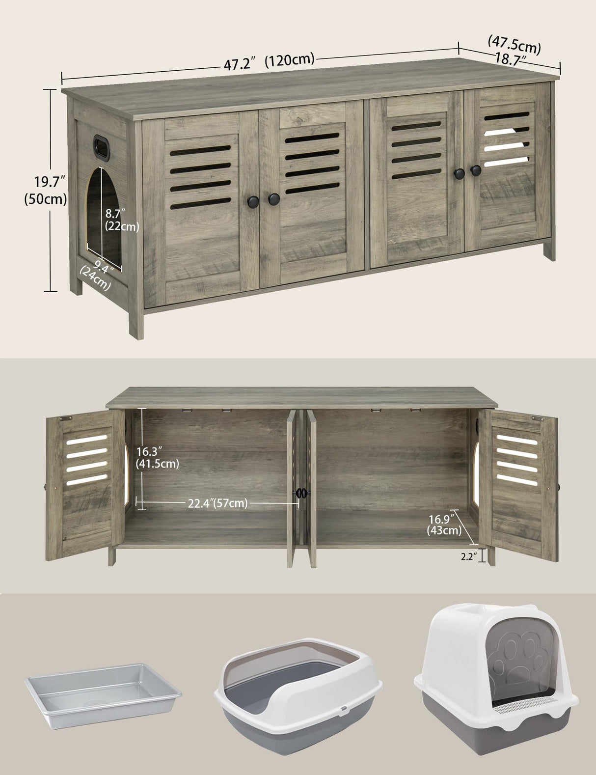 DINZI LVJ Litter Box Enclosure for 2 Cats, Hidden Litter Box Furniture with Double Rooms, Dual Cat Litter House, Front Doors, 47.2" Wooden Hidden Cat Washroom, Side End Table, TV Stand, Gray Wash DINZI LVJ