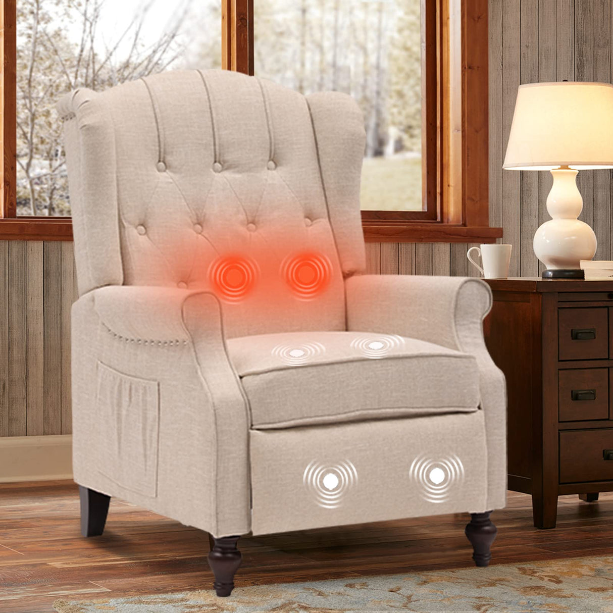 IPKIG Wingback Pushback Recliner Chair - Mid Century Recliner Armchair with Massage and Heat, Rivet Decoration, Button-Tufted Back, Solid Wood Legs for Living Room, Bedroom, Office(Beige) IPKIG