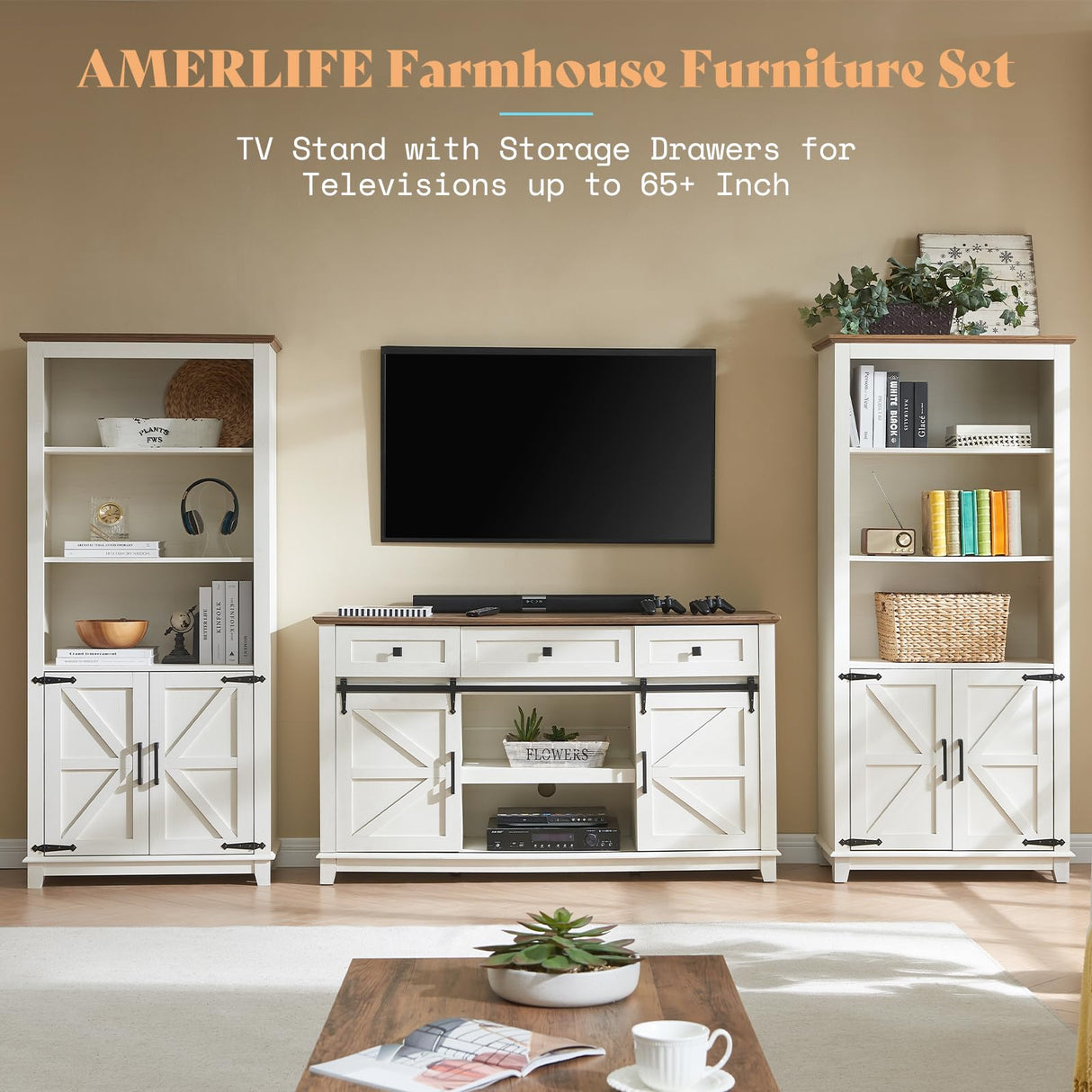 AMERLIFE Farmhouse TV Stand for Televisions up to 65 Inchs, Entertainment Center with Sliding Barn Doors and Storage Drawers, 59" TV Stand with Cabinets, Antique White AMERLIFE