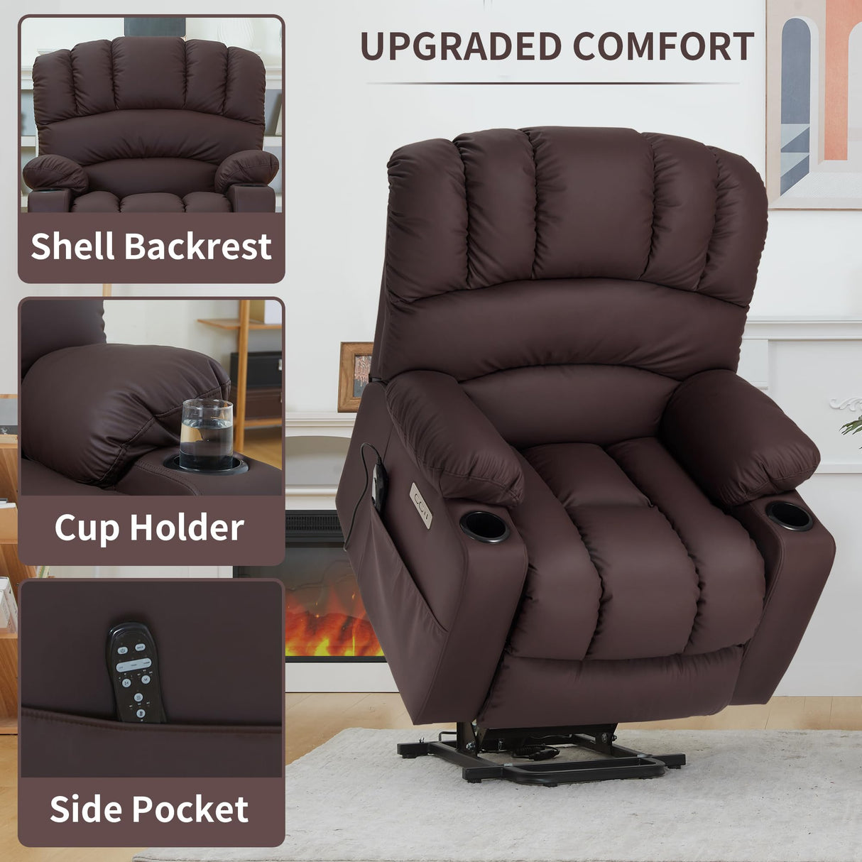 DURASPACE Power Lift Recliner Electric Lift Massage Recliner Chairs with Heat, Large Shell Faux Leather Backrest Lift Chair Recliners for Elderly, Seniors (Brown) DURASPACE