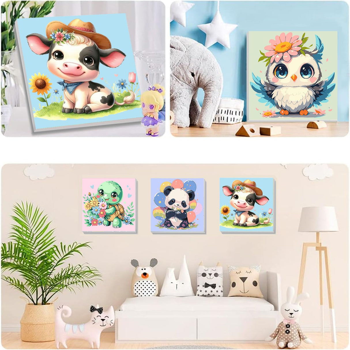 4 Pack Animal Paint by Number for Kids with Wooden Frame, Paint by Numbers for Kids Animals Ages 4-8-12, Easy Panda Sea Turtle Owl Cow DIY Acrylic Oil Painting Kits for Home Wall Decor (8X8 inch) xackcme
