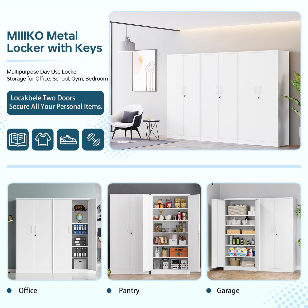 MIIIKO Metal Storage Cabinet with Lock, 72” Steel Storage Cabinet with 2 Doors and 5 Adjustable Shelves, for Office, School, Pantry and Kitchen MIIIKO