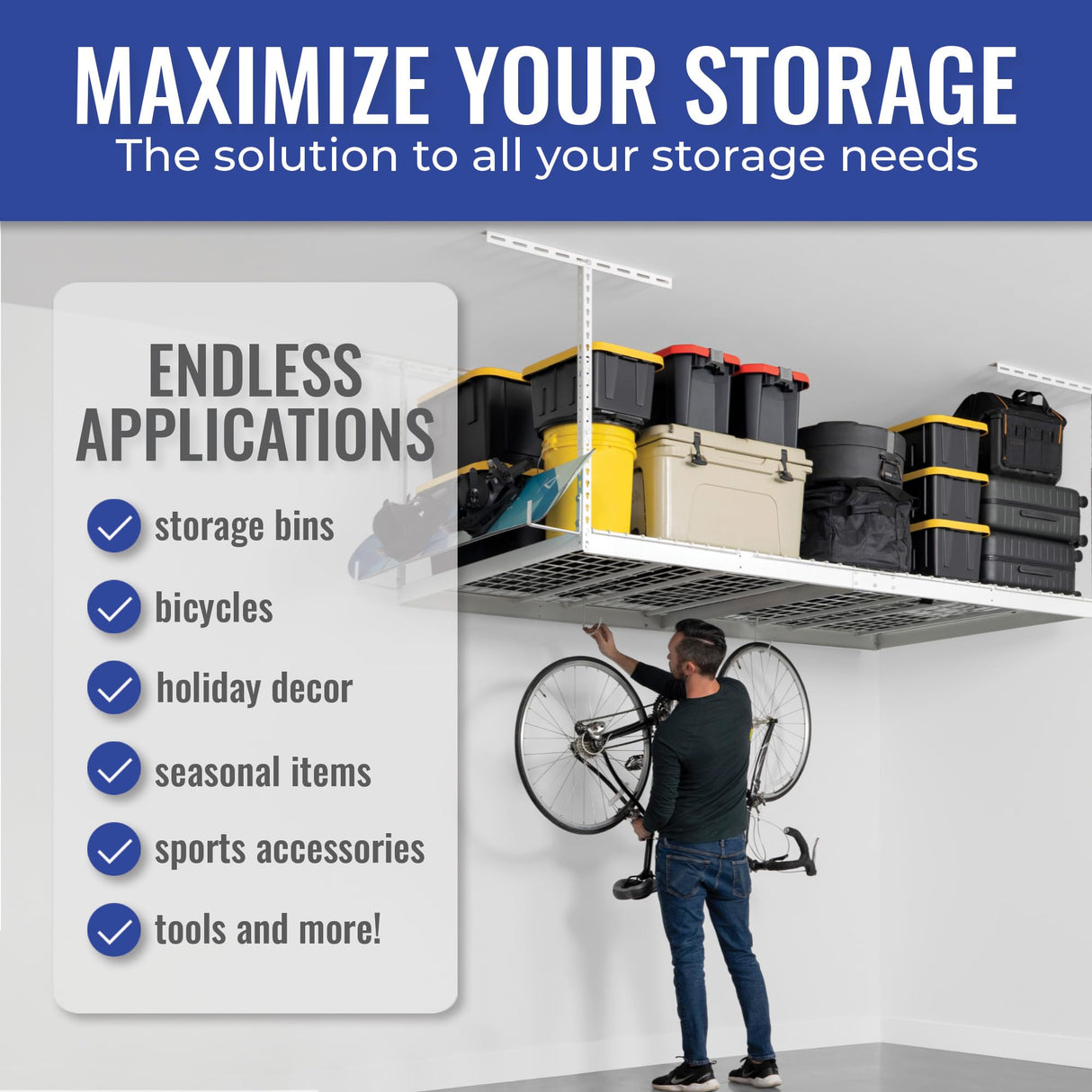 SafeRacks 4 ft x 8 ft Overhead Storage Rack Adjustable 24 in - 45in Height (White) With Accessory Pack With 5-Piece Hook Accessory Pack SafeRacks