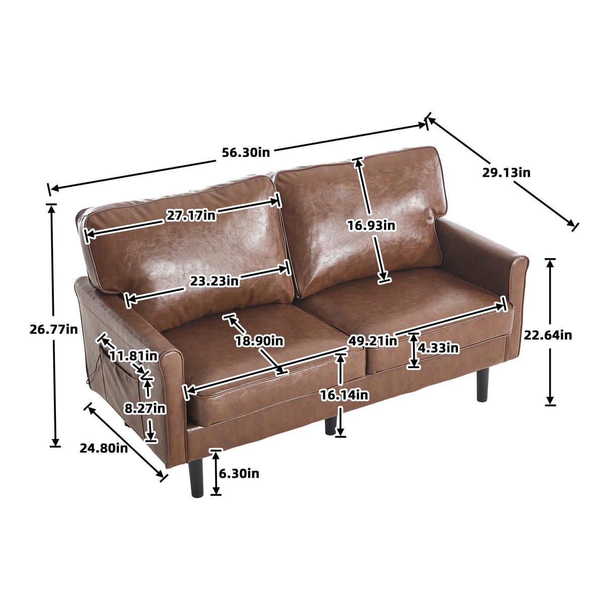 KEIKI PU Leather Loveseat Sofa, 56.3" Small Couch 2 Seater Sofa Couches with 2 USB & 1 Type-C Charging Ports, Removable Pillow Cover, Comfy Cushion, Love Seat Couches for Bedroom, Apartment, Brown KEIKI
