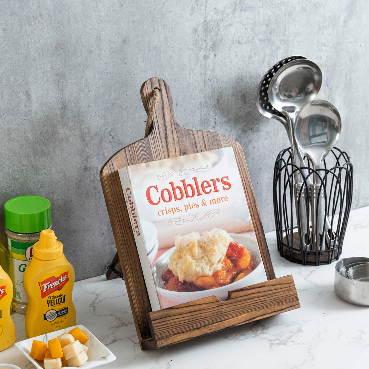 MyGift Cookbook Stand Recipe Book Holder with Brown Wood Cutting Board Design, Cookbook Holder for Countertop Display MyGift