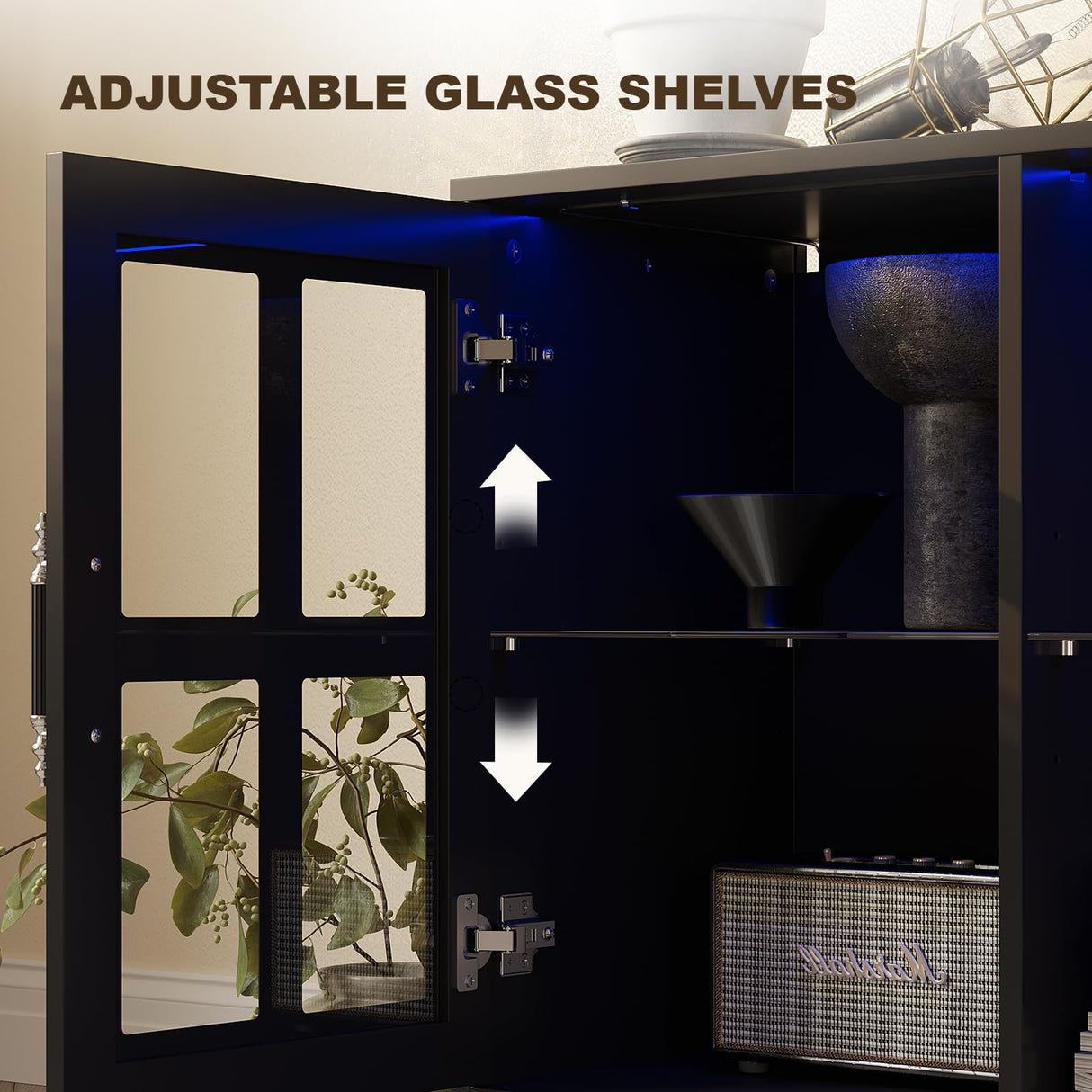 MEISSALIVVE 4-Piece Wall Unit TV Stand with Storage & LED Lights for TVs up to 75", Modern Entertainment Center with Bookshelves & 4-Door Pantry Cabinet, Black MEISSALIVVE