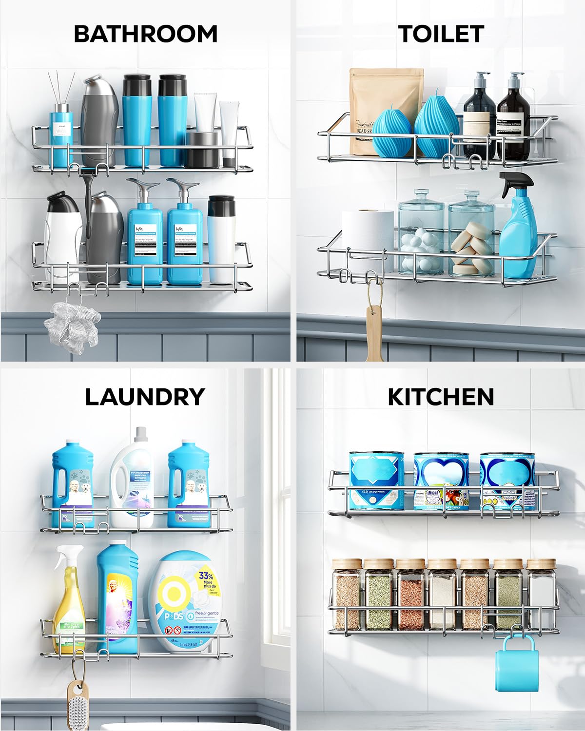 Nieifi Shower Caddy Shelf Storage Rack Adhesive Without Drilling Stainless Steel with Hooks for Washroom, Lavatory, Restroom, Toilet, Bathroom, Kitchen - 2 Pack Nieifi