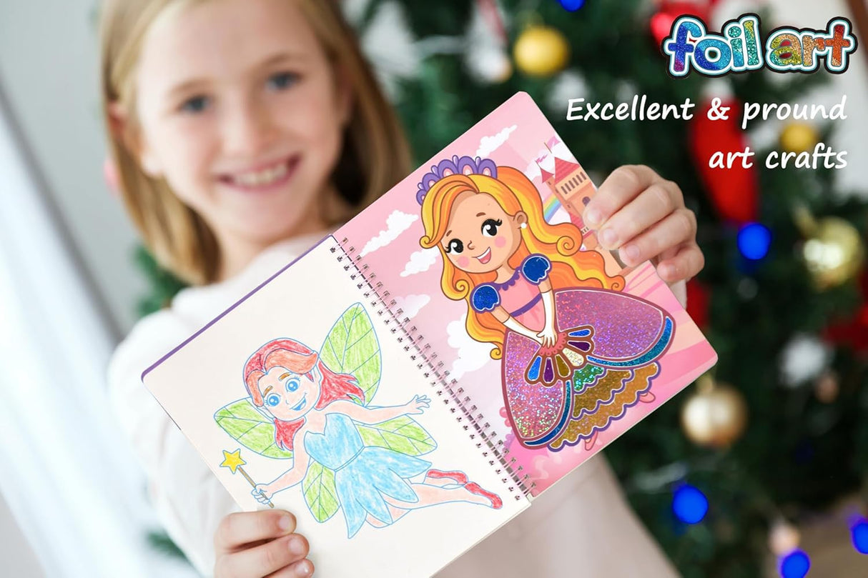 HBKJ Foil-Fun Art Gift for Girls - Magic Princess Gifts Foil Art Craft Stickers Book Supplies for Girls 4-5-6-7-8-9 Year Old Toddler Kids Activity Kit Travel Toys Christmas Birthday Gifts HBKJ