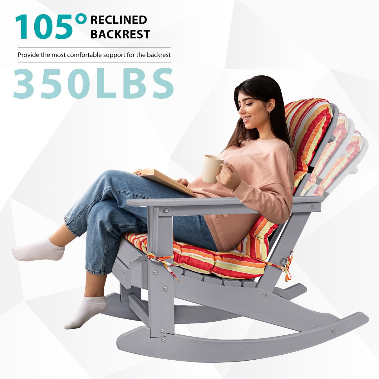 Sundale Outdoor Adirondack Rocking Chair with Cushion, HDPE Patio Plastic All Weather Adirondack Rocker, Water Resistant for Outside, Garden, Pool, Yard, Grey Sundale Outdoor