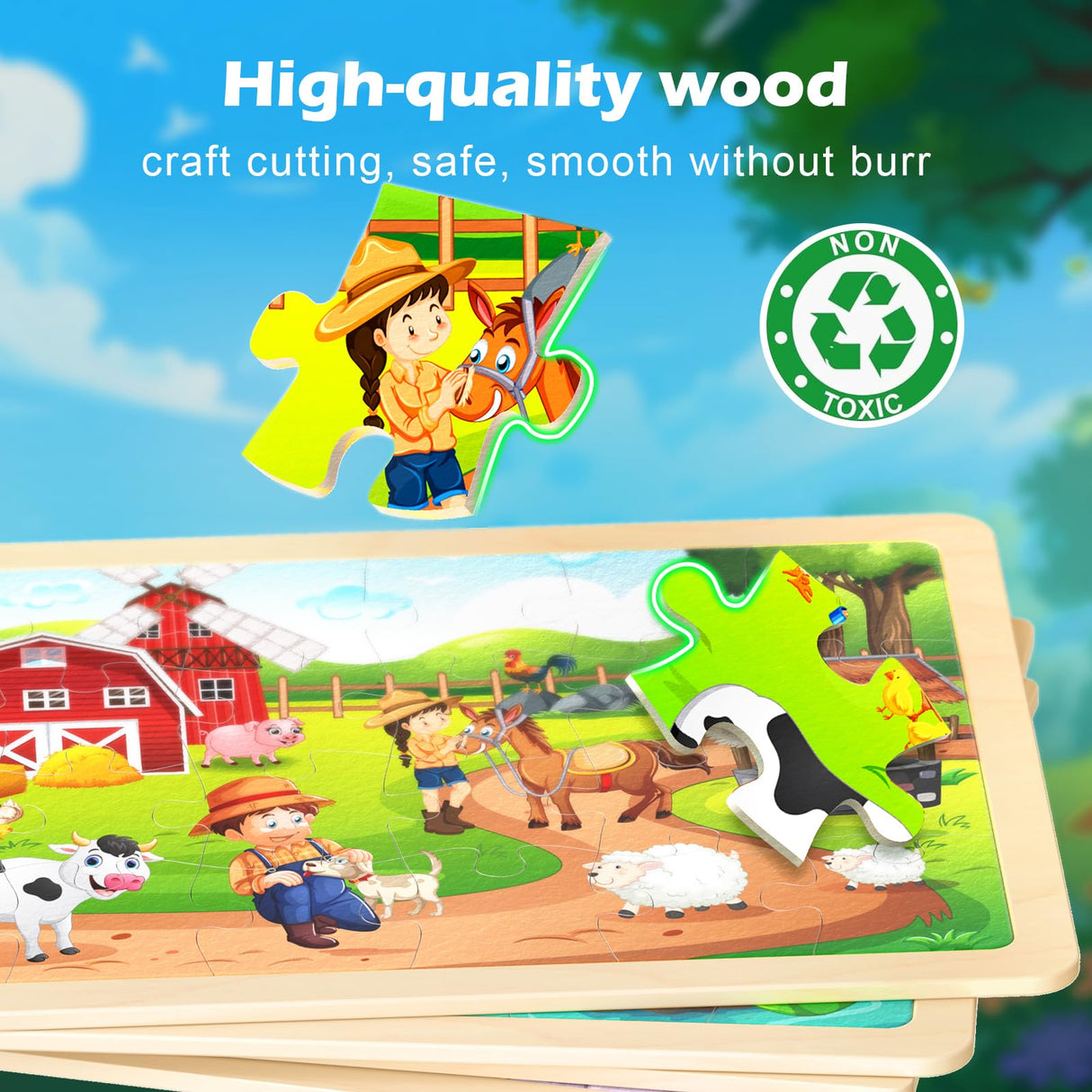 TQU Wooden Puzzles Toys for Kids Ages 4-6 3-5, Set of 4 Packs with 24-Piece, Farm, Zoo, Insects, Sea Animals Wood Jigsaw Puzzles, Preschool Educational Brain Teaser Toys TQU
