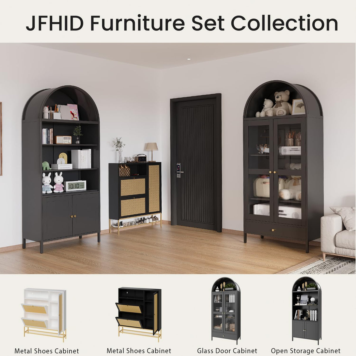 JFHID 73'' Arched Metal Storage Cabinet, Modern Kitchen Pantry with Glass Door, Drawer & Adjustable Shelves, Curio Display Bookcase for Kitchen, Dining or Living Room JFHID