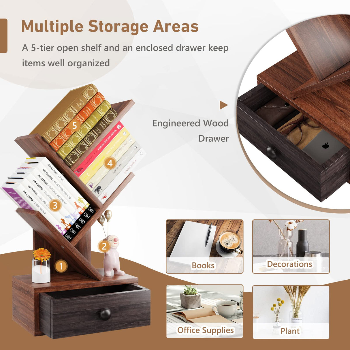 Giantex 5-Tier Tree Bookshelf with Drawer - Freestanding Retro Small Book Storage Rack for Small Place, Kids Room Wooden Decorative Bookcase with Storage for CDs, Magazines, Books, Brown Giantex