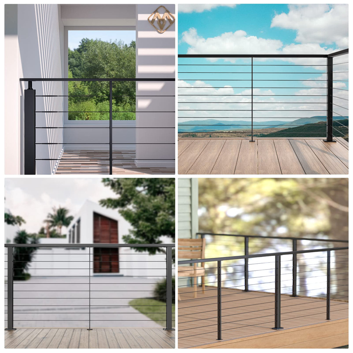 Muzata 4Pack Black Super Thin Intermediate Cable Railing Post 36 Inch 36"x3/8"x2" Level Drilled Surface Mount T304 Stainless Steel Cable Railing System Kit Indoor Outdoor PS32 BH4S Muzata